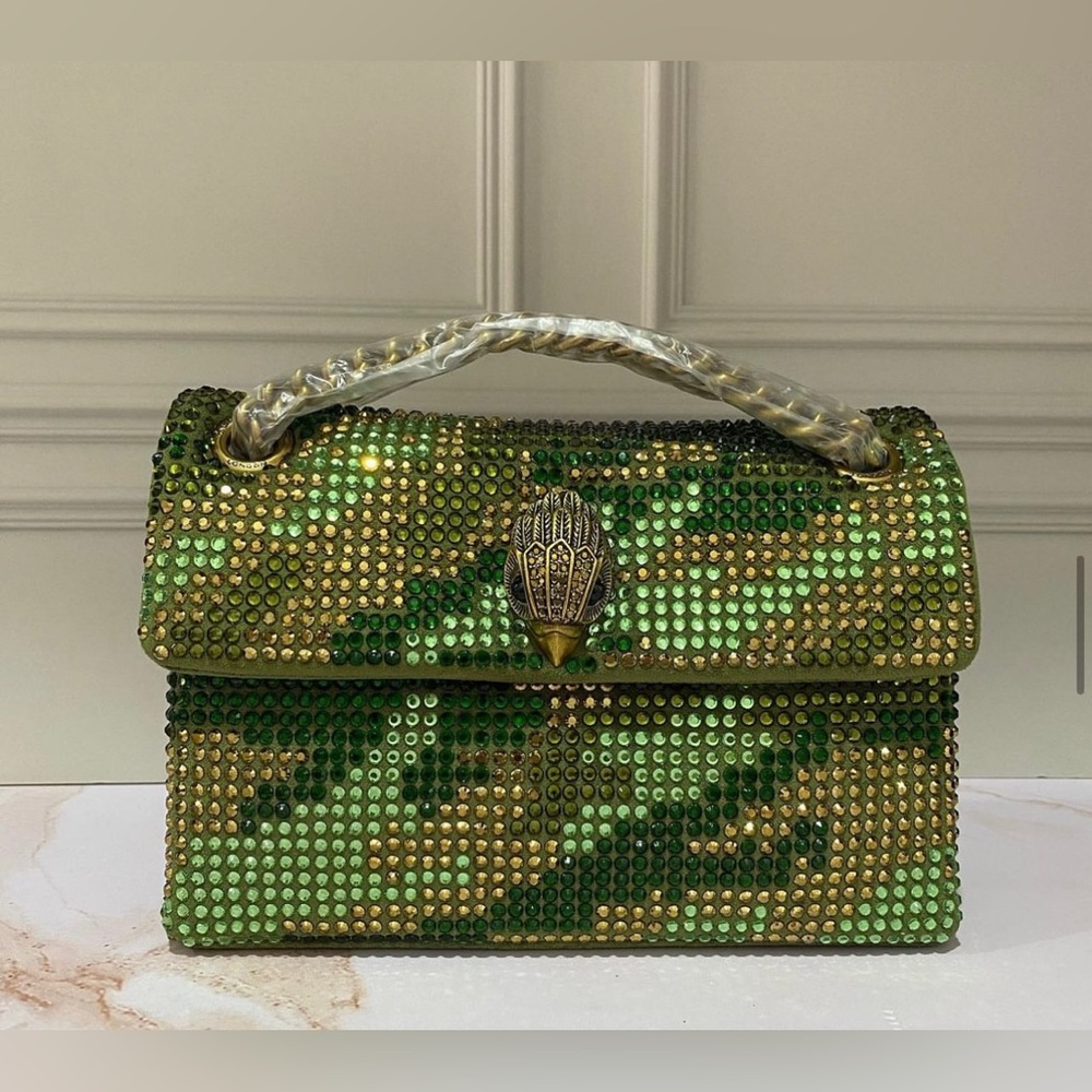 NWT Kurt Geiger London Mini Kensington Embellished Green Fabric Crossbody Bag